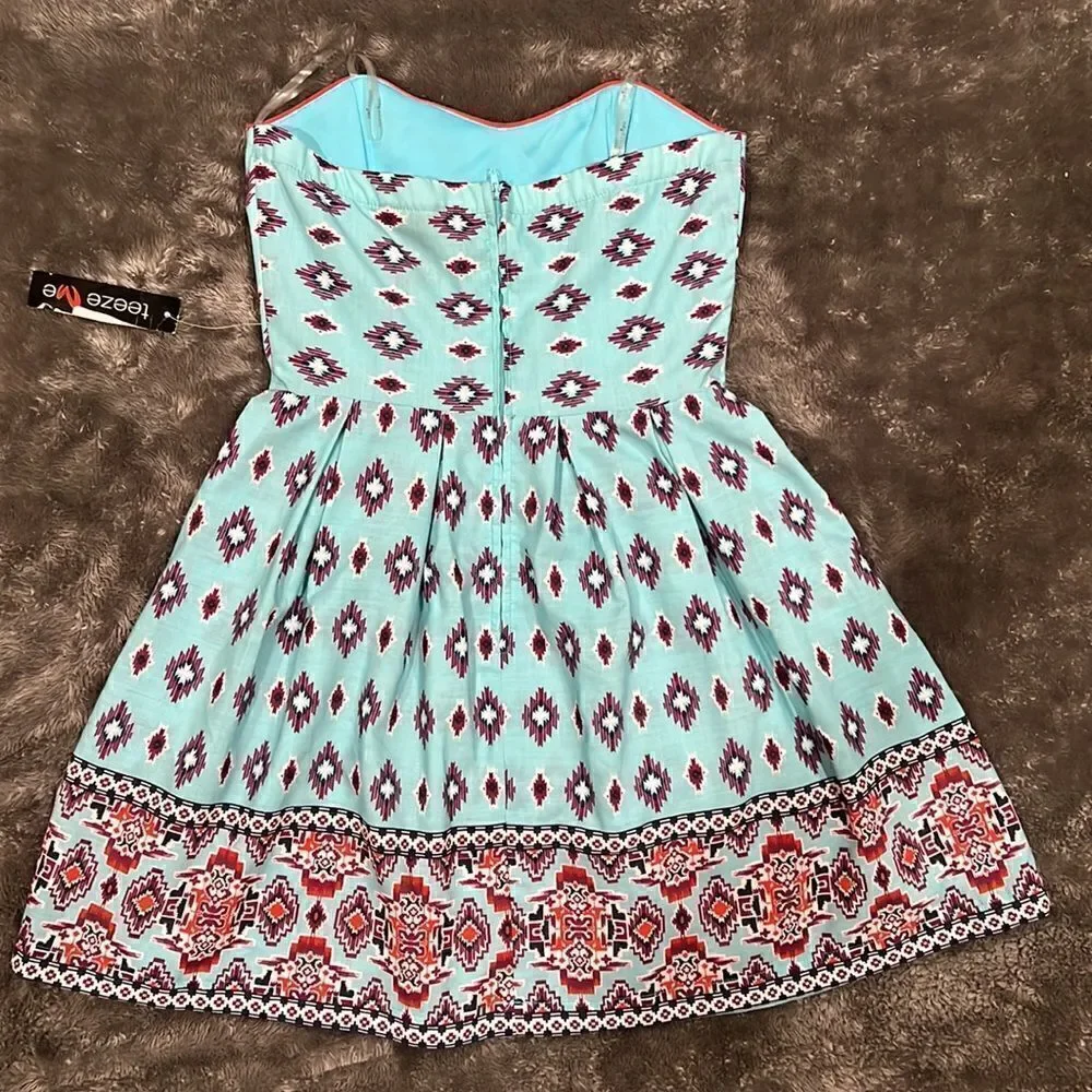 136. Teeze Me Y2K multicolor Aztec Tribal Strapless Corset dress NWT Size S